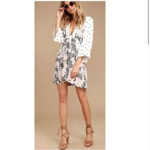 Free People Large Pink White Polka Dot Color Block 3/4 Bell Sleeve Sun Dress